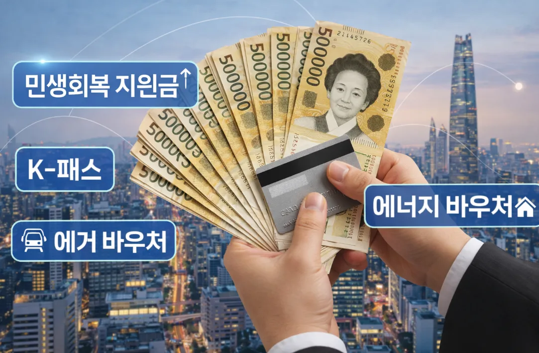 한국 원화 지폐와 신용카드를 들고 있는 사람의 모습과 민생회복 지원금, K-패스 등 정부 지원 정책 아이콘이 보이는 배경.