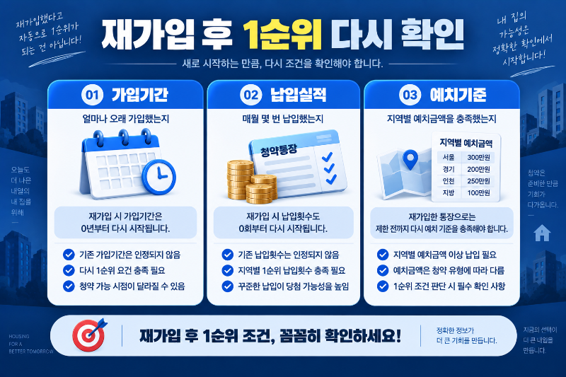 청약통장 재가입 시 가입기간 납입횟수와 1순위 조건을 정리한 이미지