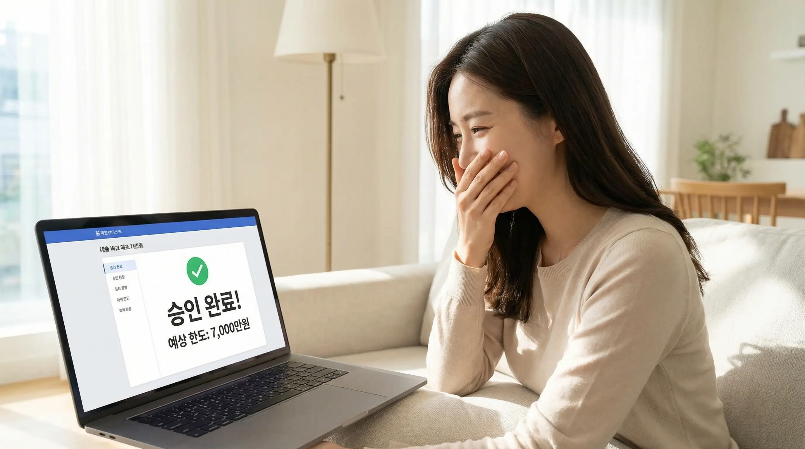 안전한 대출 비교 플랫폼에서 가조회를 통해 승인 가능한 한도를 확인하고 안도하는 모습