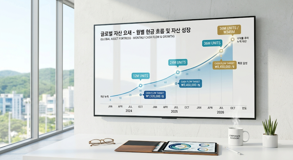 세련된 오피스 데스크 위에 놓인 태블릿 PC 화면에 선명하게 찍힌 TIGER 배당커버드콜액티브 1억 원 거치 후 월 150만 원 수취 및 5.2년 재투자 지도