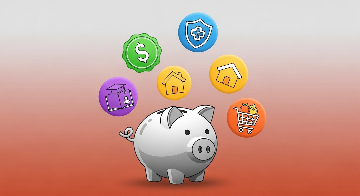 근로장려금, 지방세 환급금, 에너지 바우처 등 다양한 정부 지원금 아이콘이 돈과 함께 표시된 그림. 놓치기 쉬운 혜택을 시각적으로 표현한다.