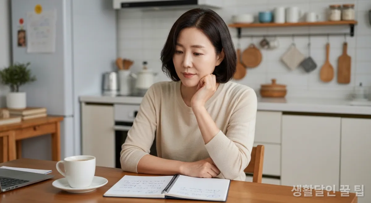 음식물 처리기 구매 정보를 신중하게 살펴보는 주부