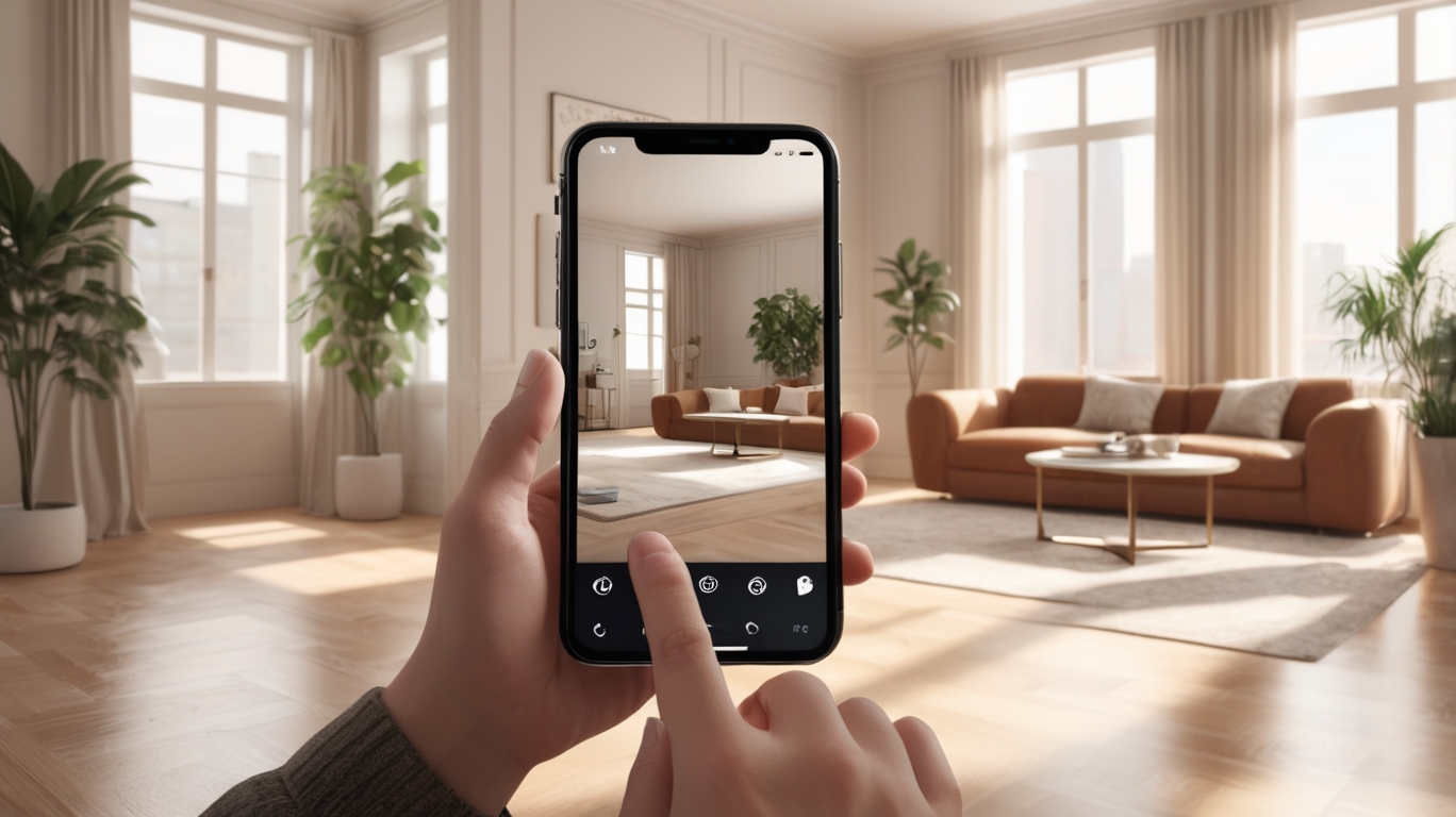 휴대폰이 전면에 보이고 손으로 가구배치앱을 사용하는 모습