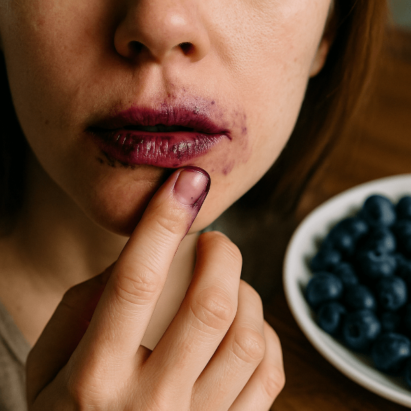 블루베리를 먹고 입술 알레르기가 생긴 여성 이미지