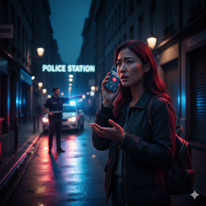 해외에서 경찰서 신고 또는 콜센터에 전화하는 모습의 긴급 상황 이미지