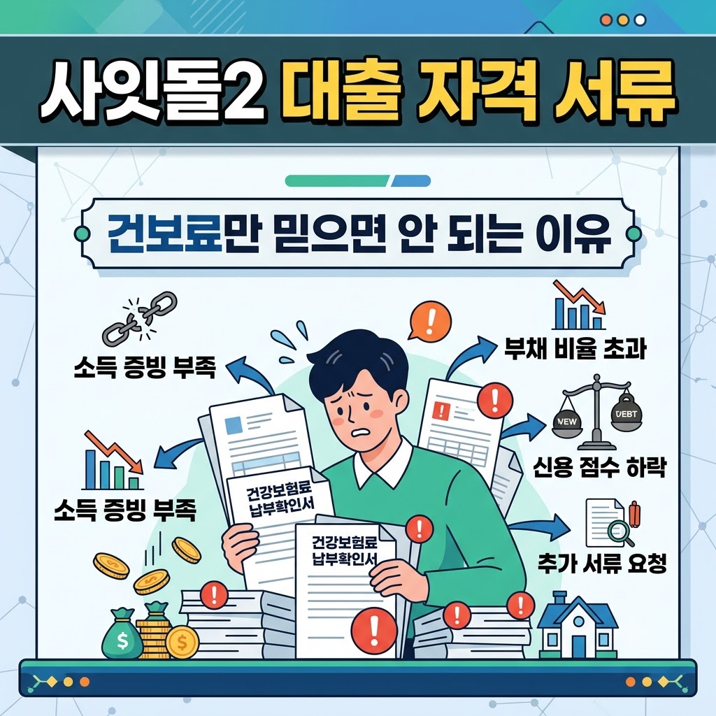 사잇돌2 대출 자격 서류와 건강보험료 납부확인서만으로 대출 심사를 맹신하면 안 되는 이유를 설명하는 인포그래픽 썸네일 이미지