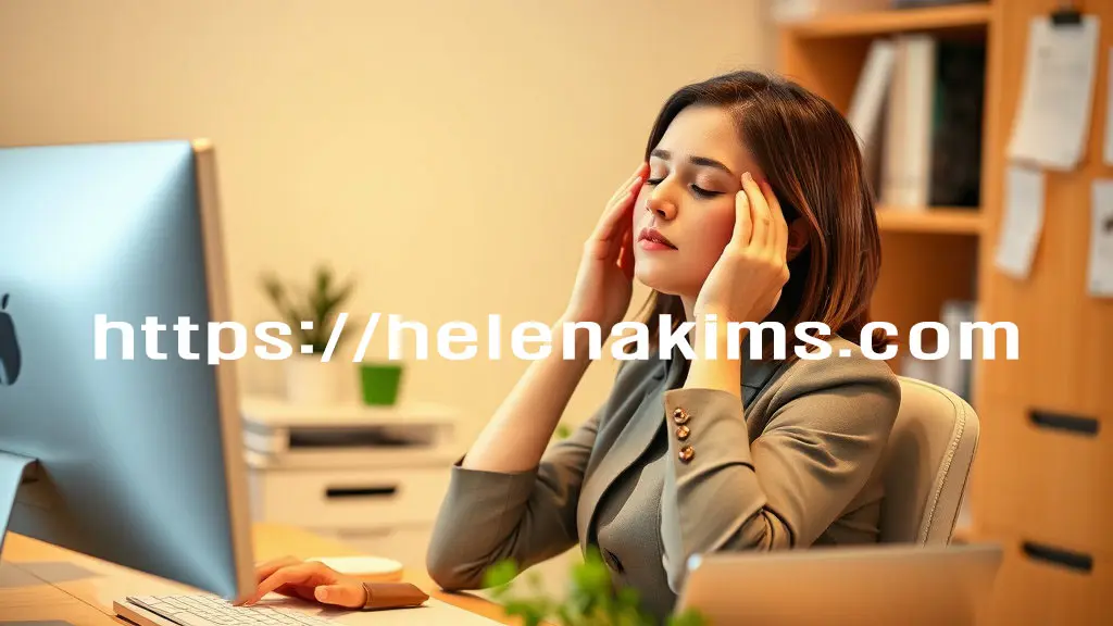 사무실 컴퓨터 책상 앞에서 여성이 잠시 눈을 감고 눈 주변을 지압해 주는 모습.