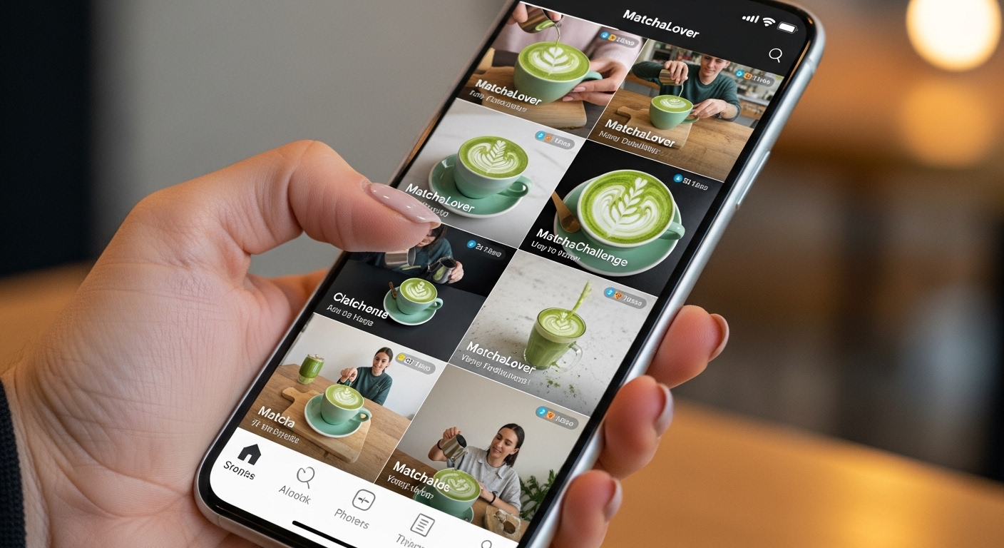 미국 Z세대가 틱톡에서 말차 라떼 비디오를 보는 모습. 말차 관련 소셜 미디어 콘텐츠의 확산과 영향력을 시각적으로 표현합니다.