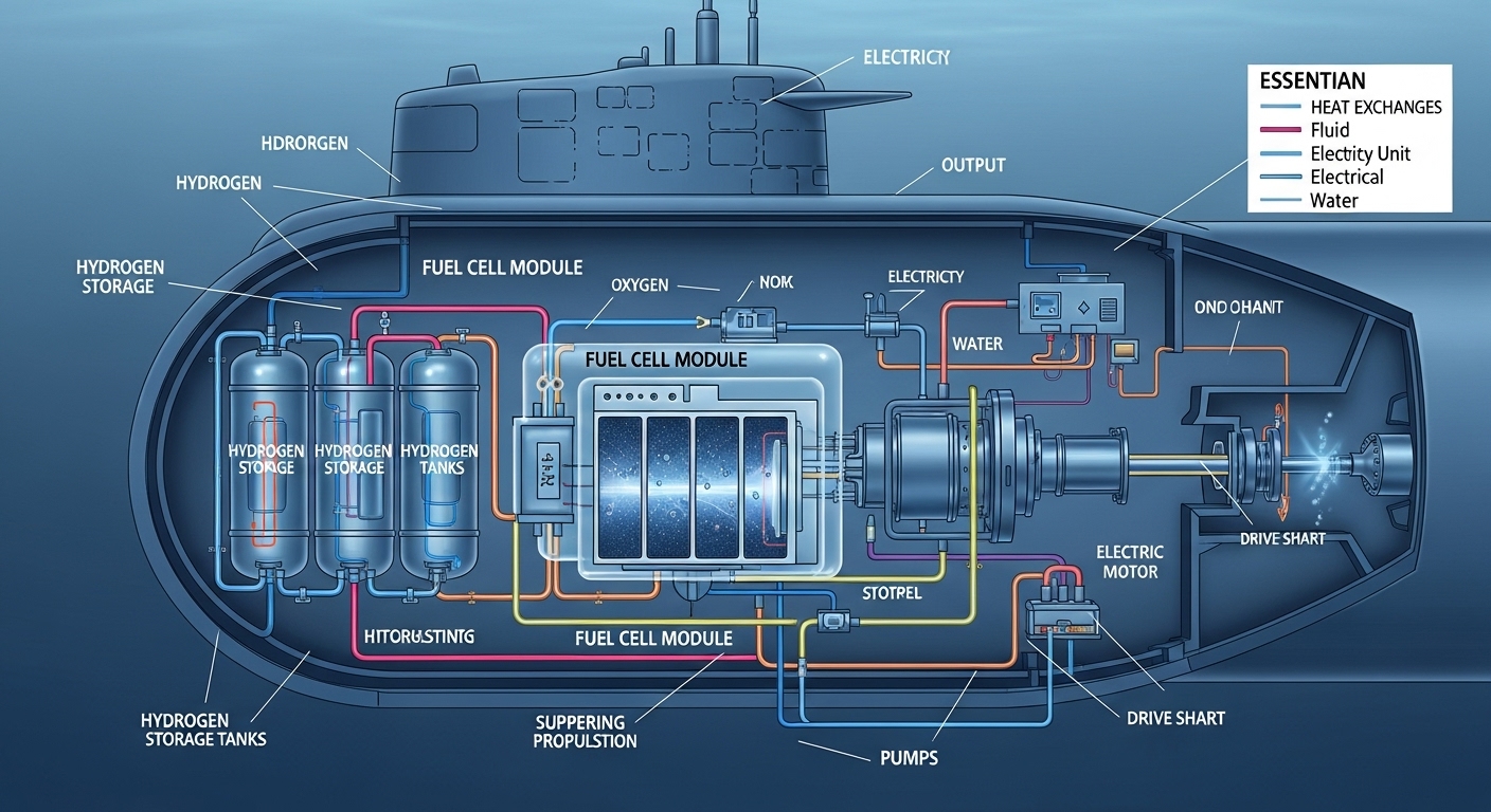 잠수함 내부의 공기불요추진체계(AIP) 연료전지 모듈 상세도. 수소 탱크와 연료전지 스택이 보이며, 복잡한 시스템의 작동 원리를 보여준다.