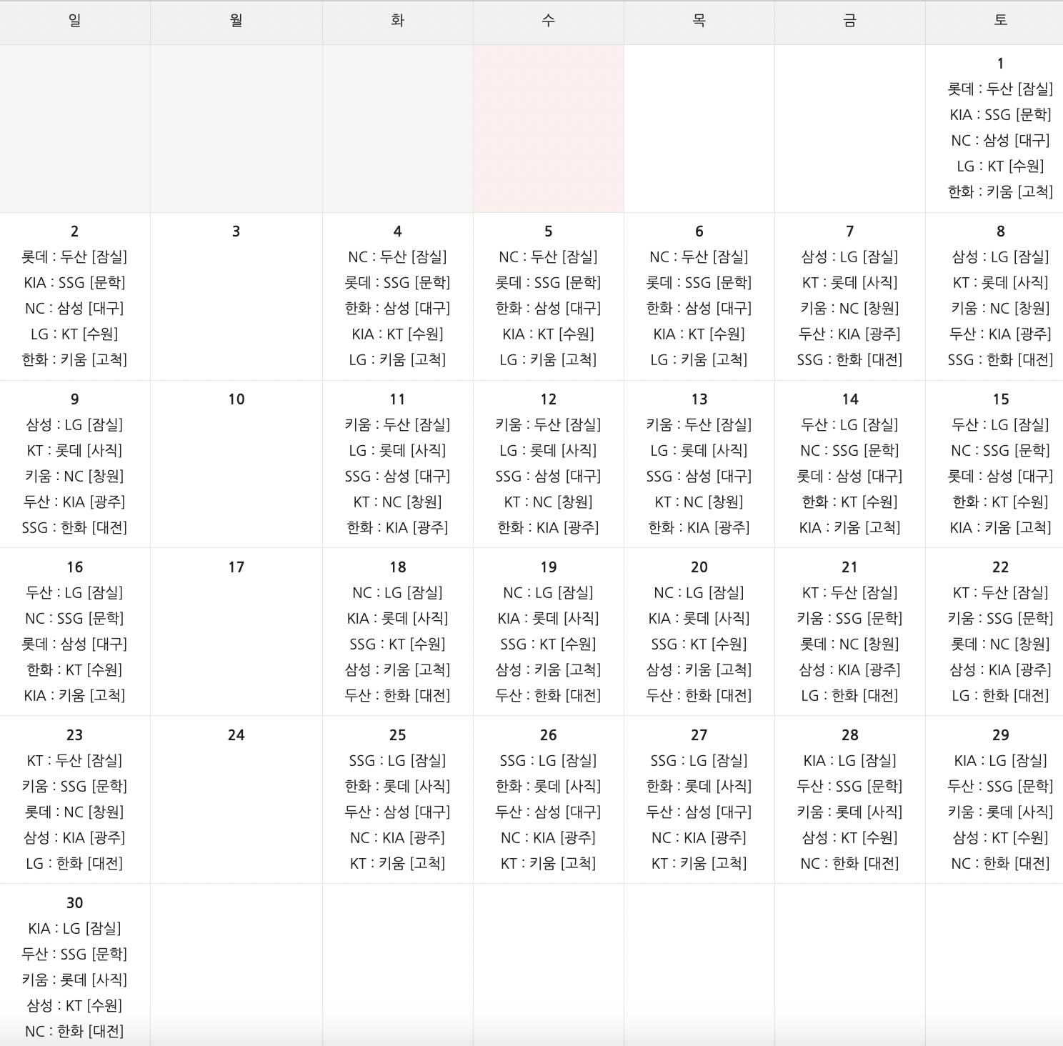 2023 KBO 4월 경기일정