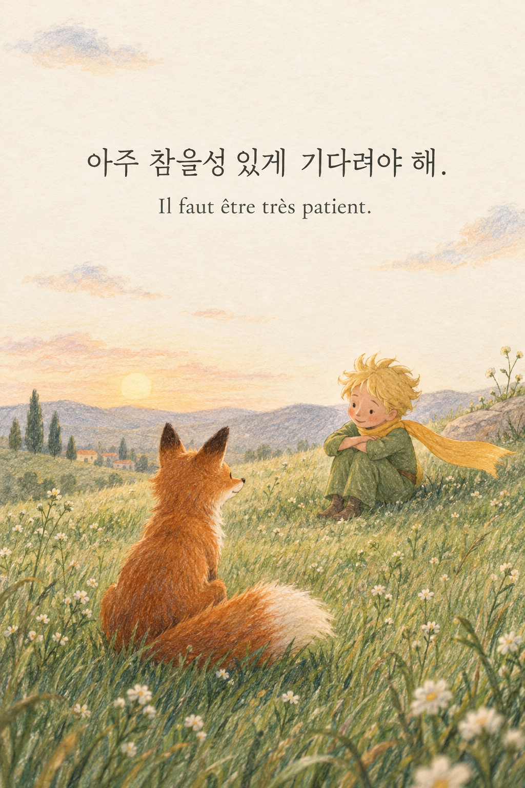 아주 참을성 있게 기다려야 해. 프랑스어 원문과 함께 담은 어린 왕자 그림 이미지