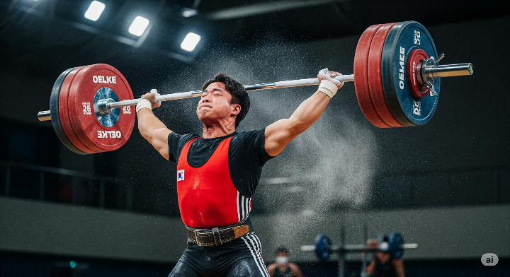 역도 선수가 바벨을 들어 올리는 역동적인 모습