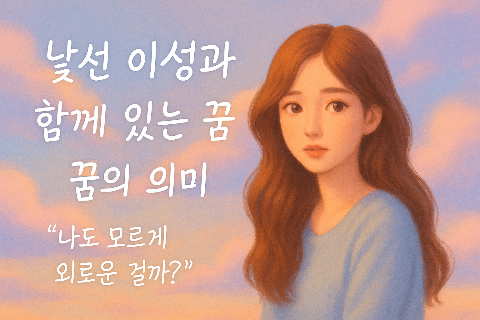 몽환적인 하늘색과 분홍빛 구름 배경 속, 긴 머리의 여성이 잔잔히 미소 짓고 있는 파스텔 일러스트. 이미지 왼쪽에는 필기체로 “낯선 이성과 함께 있는 꿈의 의미 — 나도 모르게 외로운 걸까?”라는 문구가 적혀 있다.