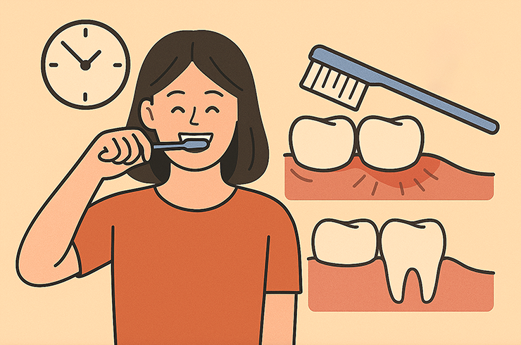 양치하는 여자 모습과 시계, 치아가 확대된 모습이 그려져 있습니다.