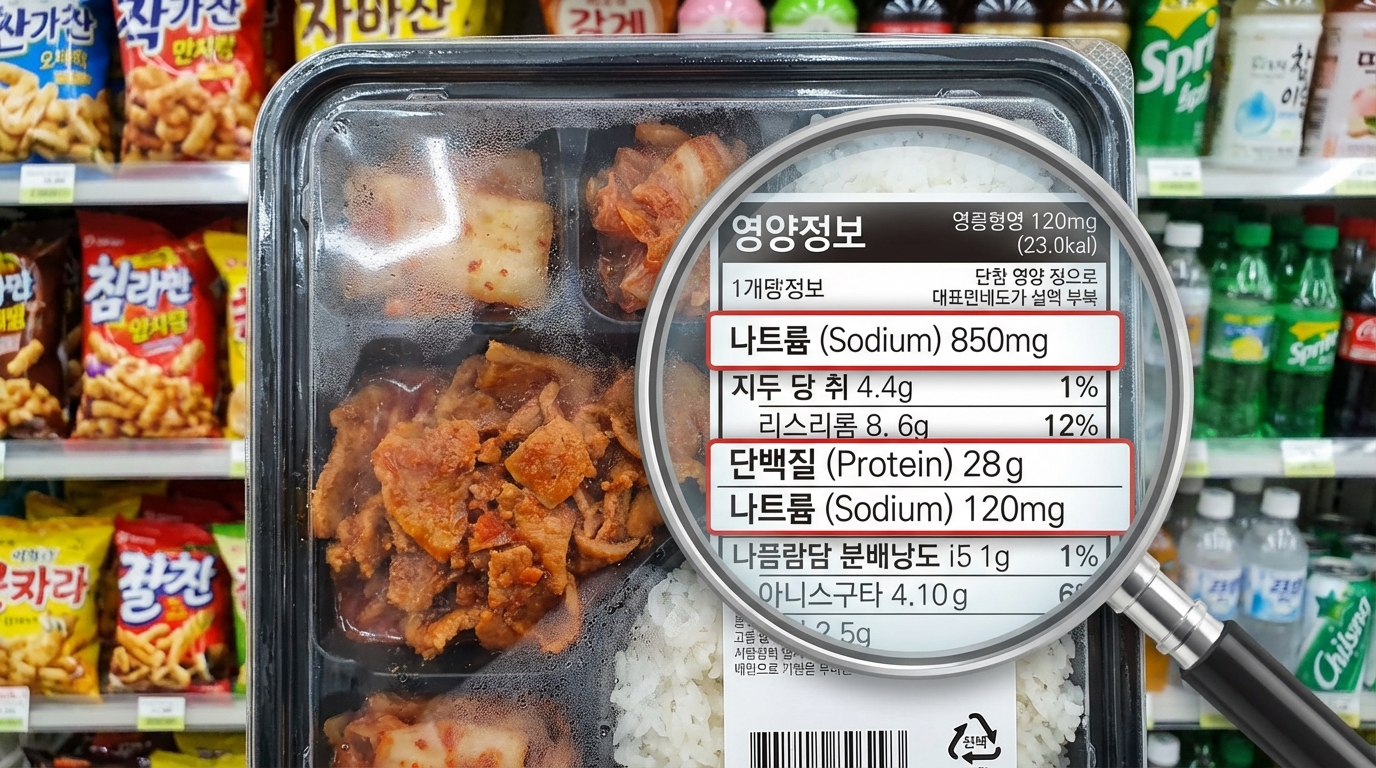 한국 편의점 도시락 뒷면의 영양성분표에서 단백질과 나트륨 수치를 돋보기로 확인하는 모습