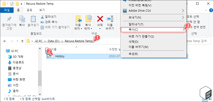 복원된 크롬 기록 파일 복사