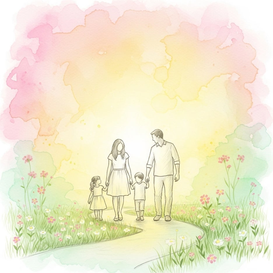 꽃길을 따라 걷는 가족들의 따뜻한 봄날 모습