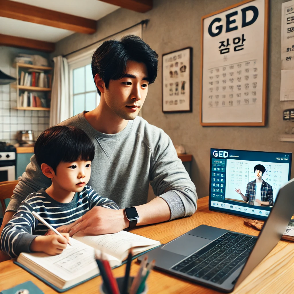 아들과 함께 인터넷 강의를 들으며 검정고시를 준비하는 중년남성