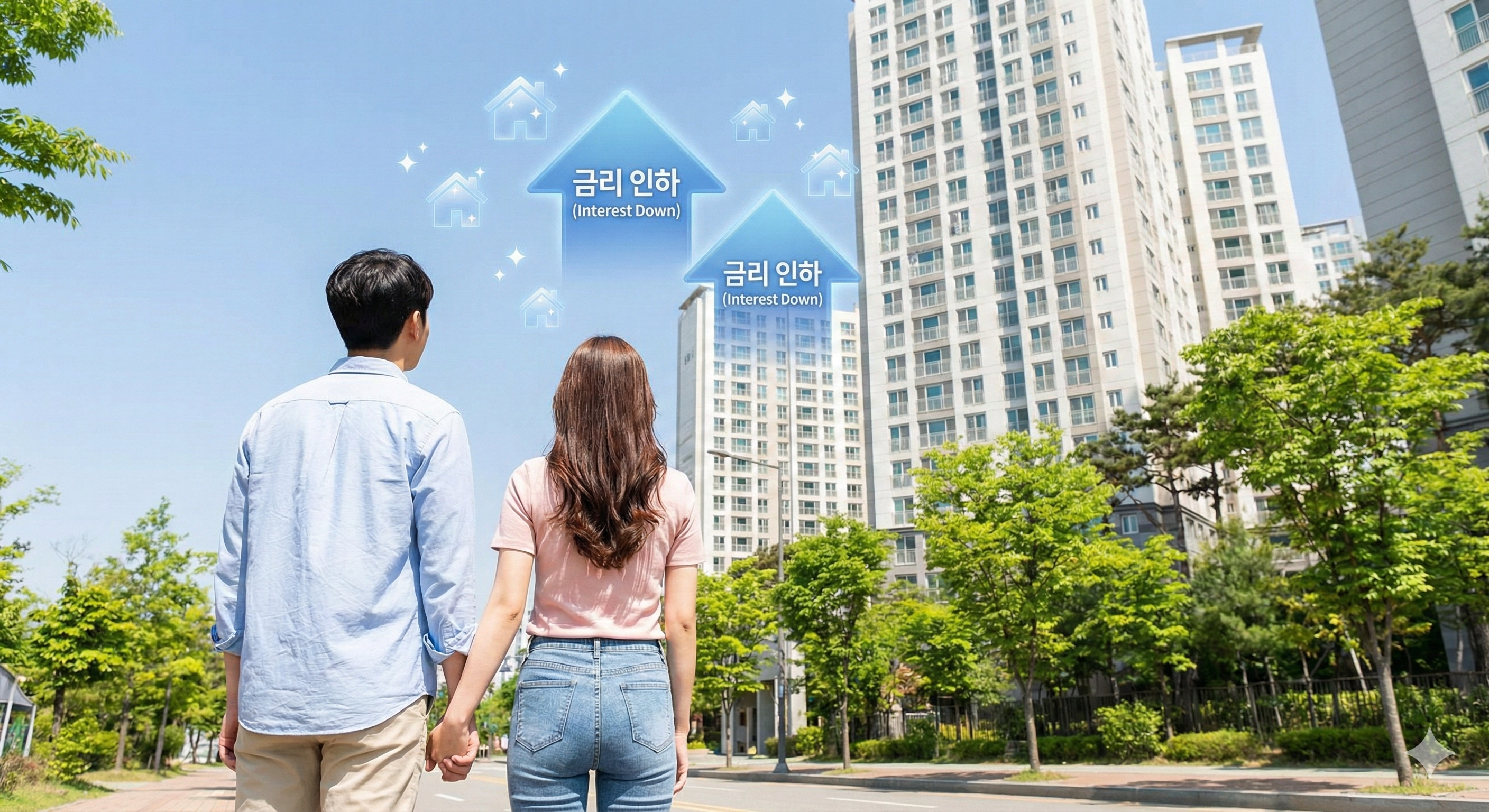 고층 아파트를 바라보는 신혼부부의 뒷모습과 머리 위로 떠오르는 금리 인하 아이콘