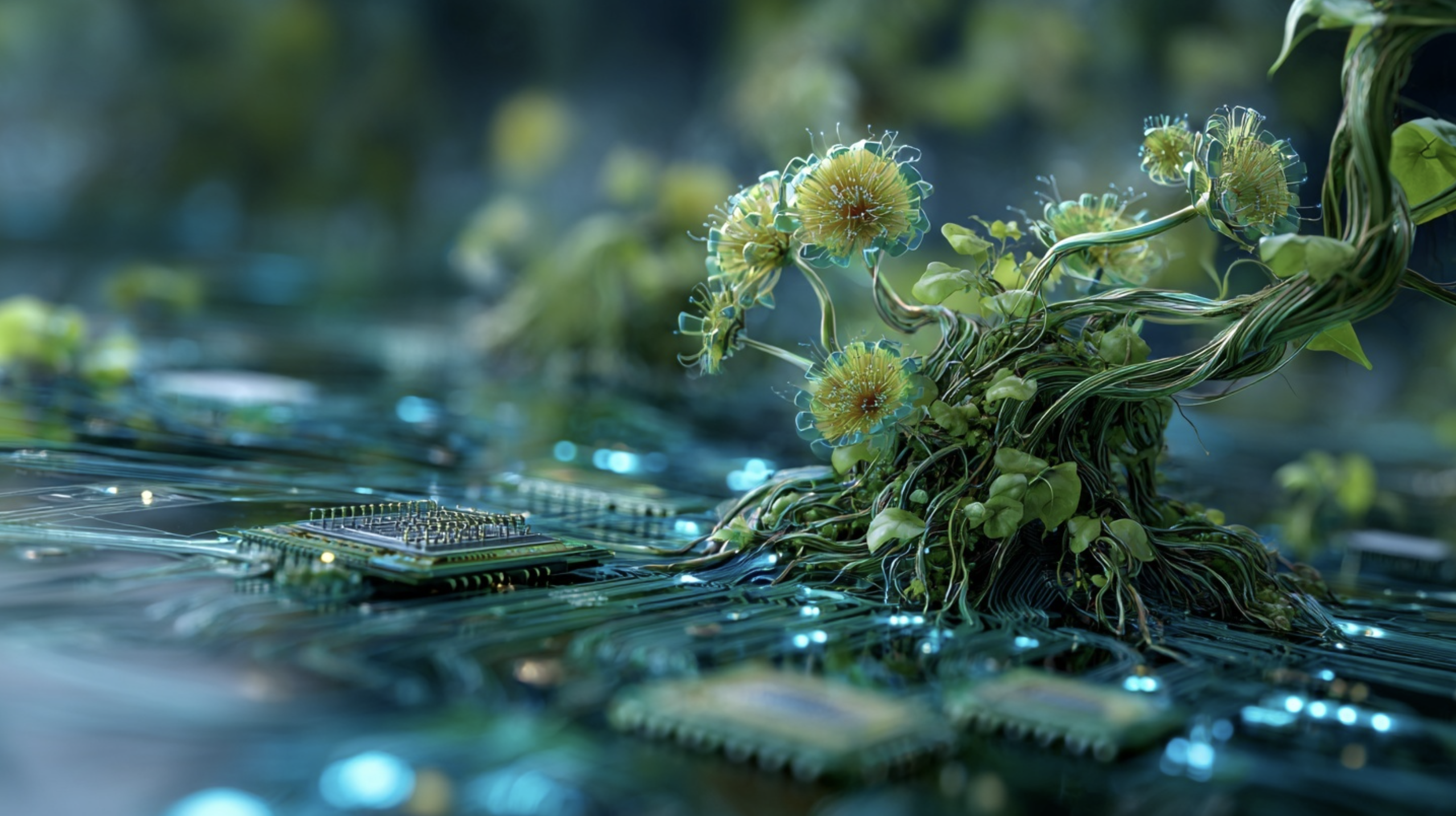 오가닉AI를 자연중심, 신경망과 바이오메카닉 개념을 결합한 개념적 이미지