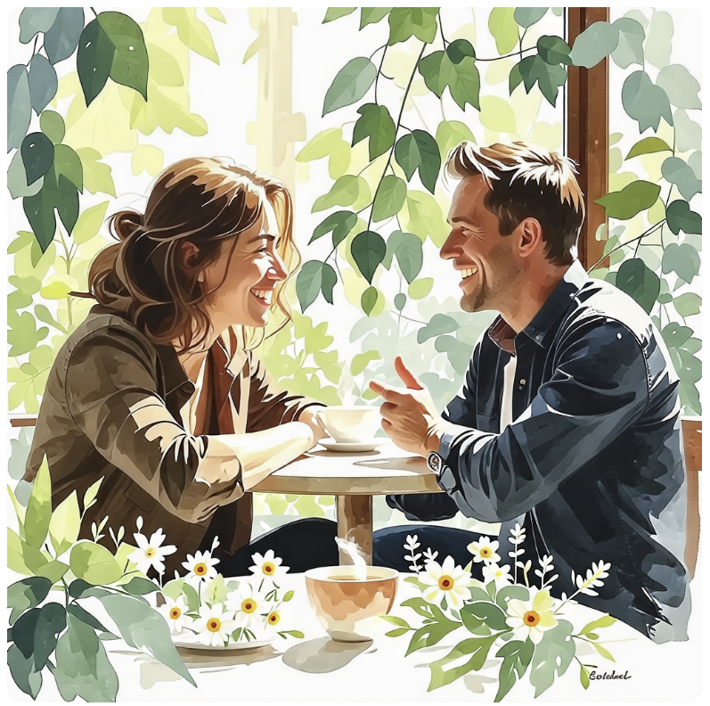 편안한 분위기에서 긍정적인 대화를 주고받는 두 사람의 모습이 그려져 있다