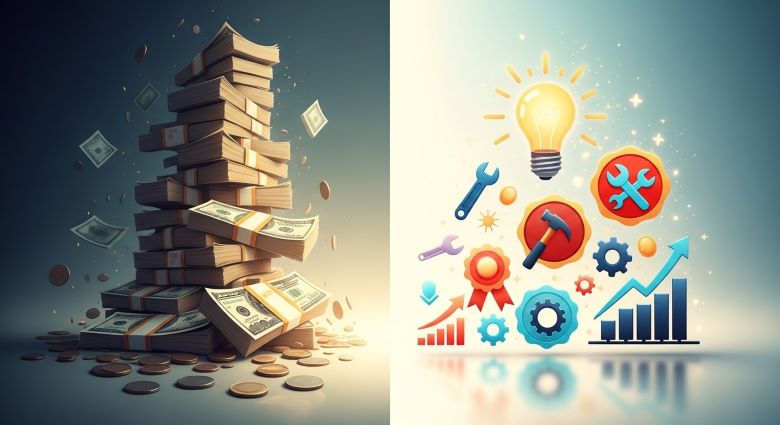 화면을 반으로 나눈 비교 이미지 - 왼쪽은 어두운 배경에 쌓인 책들 사이로 달러 지폐와 동전들이 무너지는 불안정한 재정 상태, 오른쪽은 밝은 배경에 전구 아이디어, 공구, 톱니바퀴, 상승 차트가 있는 체계적인 비즈니스 성장 전략