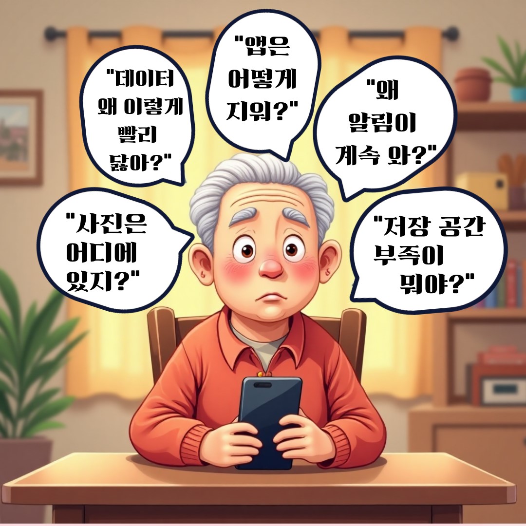 스마트폰 사용에 곤란을 겪고 계신 어르신 모습