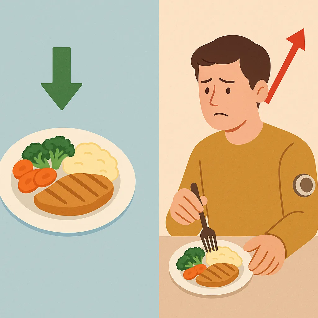 식사-순서가-혈당에-미치는-영향을-표현한-일러스트로,-채소와-단백질,-탄수화물이-담긴-식판과-혈당측정기를-착용한-남성이-함께-묘사되어,-식사-순서에-따른-혈당-변화를-상징함.