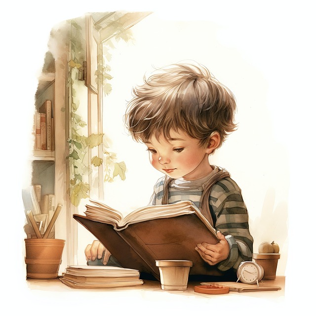 바른 자세로 앉아서 책을 보는 아이