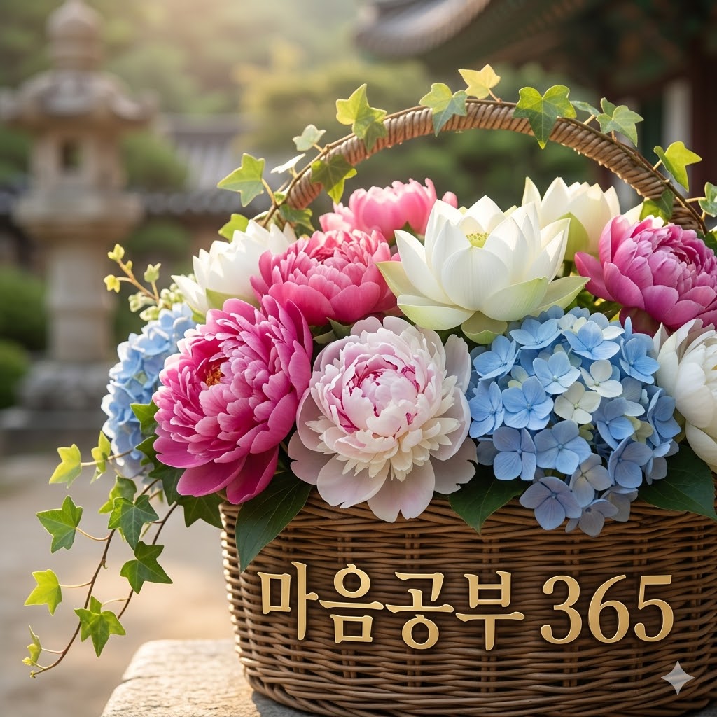 마음공부 365 블로그 최하단 감사의 꽃바구니 이미지: '마음공부 365' 브랜딩이 포함된 8K 고해상도 평온한 수국과 연꽃 화분 사진 스타일