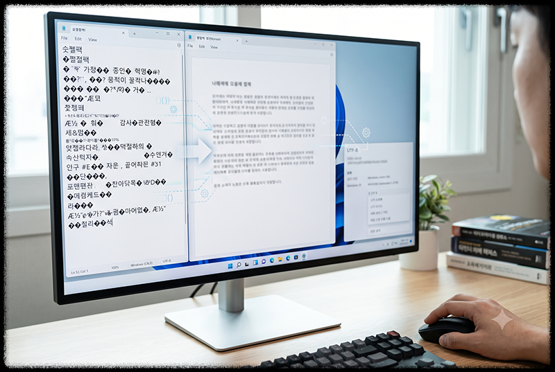 같은 텍스트 파일이 인코딩 차이로 깨진 문자와 정상 문자로 다르게 표시되는 모습