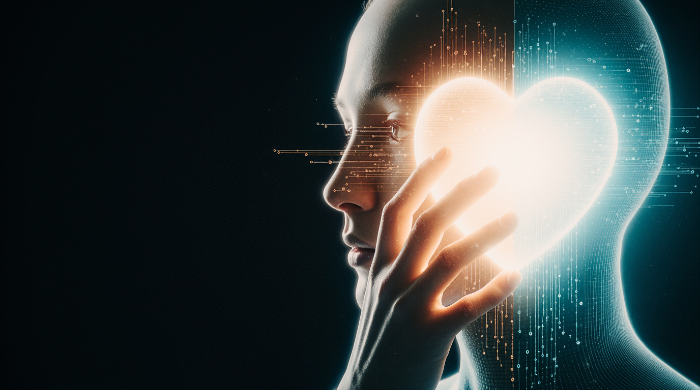 인간형 AI가 홀로그램 심장을 만지는 이미지
