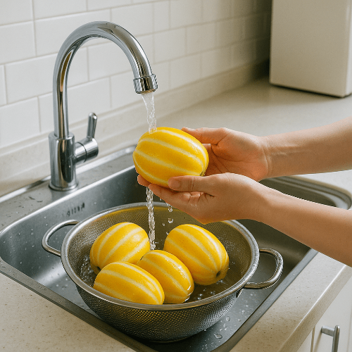 싱크대에서 참외를 세척하는 모습