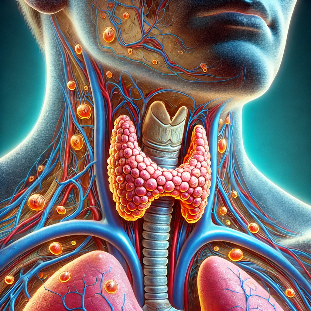 인체 내부를 단면도로 표현한 그림&amp;#44; 목 부분에 강조된 갑상선과 확대된 갑상선 세포 이미지&amp;#44; 과학적 일러스트 풍