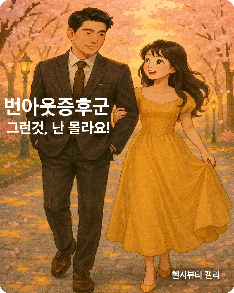 벚꽃길을 나란히 걷는 정장 차림의 남성과 노란 드레스를 입은 여성이 함께 걷는 따뜻한 감성 일러스트