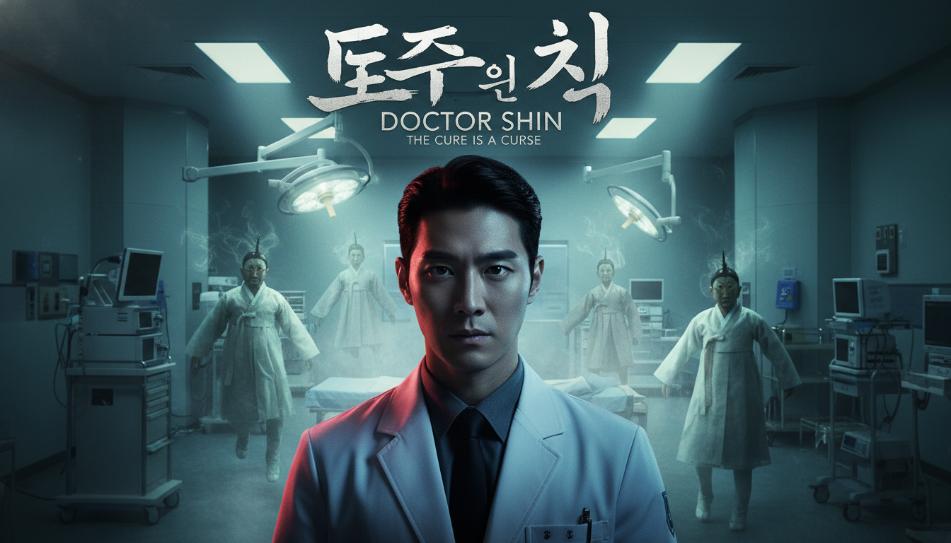 드라마 닥터신의 메인 포스터로, 의사 가운을 입은 주인공 신태양이 반은 푸른빛, 반은 붉은빛 조명을 받으며 서 있고 배경에는 수술실과 희미한 무속인 형상이 겹쳐져 있는 모습