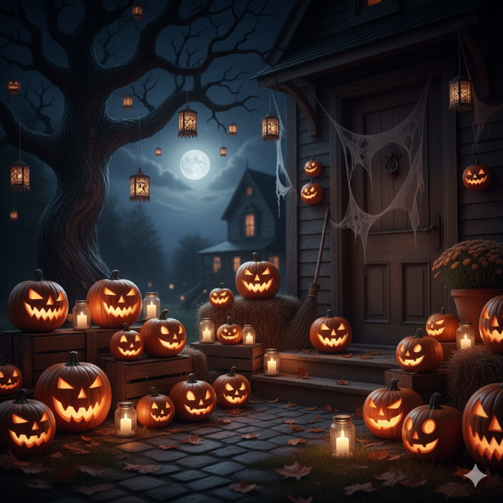 다양한 잭 오 랜턴이 놓인 어두운 현관 모습