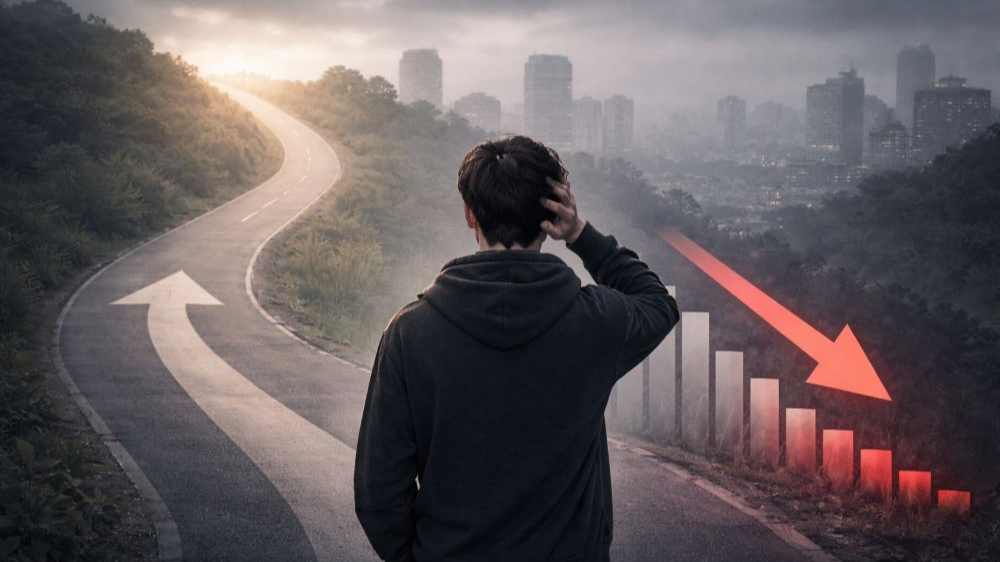 갈림길 앞에서 머리를 짚은 채 고민하는 청년과 하락하는 그래프가 함께 표현된 이미지