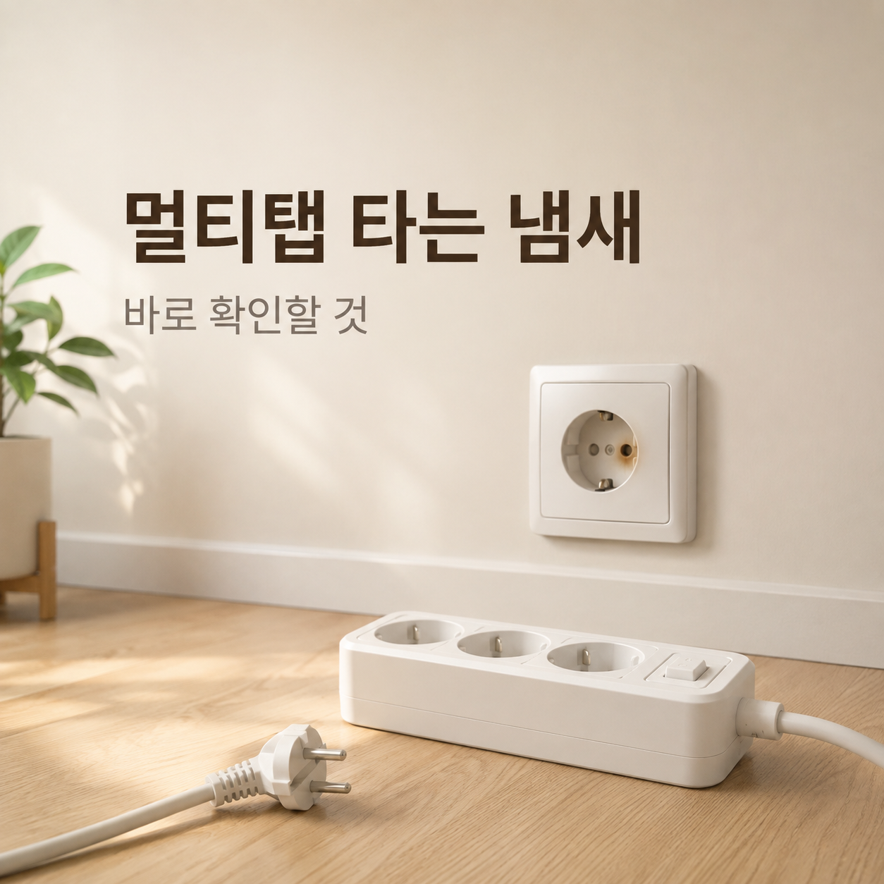벽 콘센트 앞 멀티탭과 약한 열변색 흔적, 멀티탭 타는 냄새 확인 썸네일