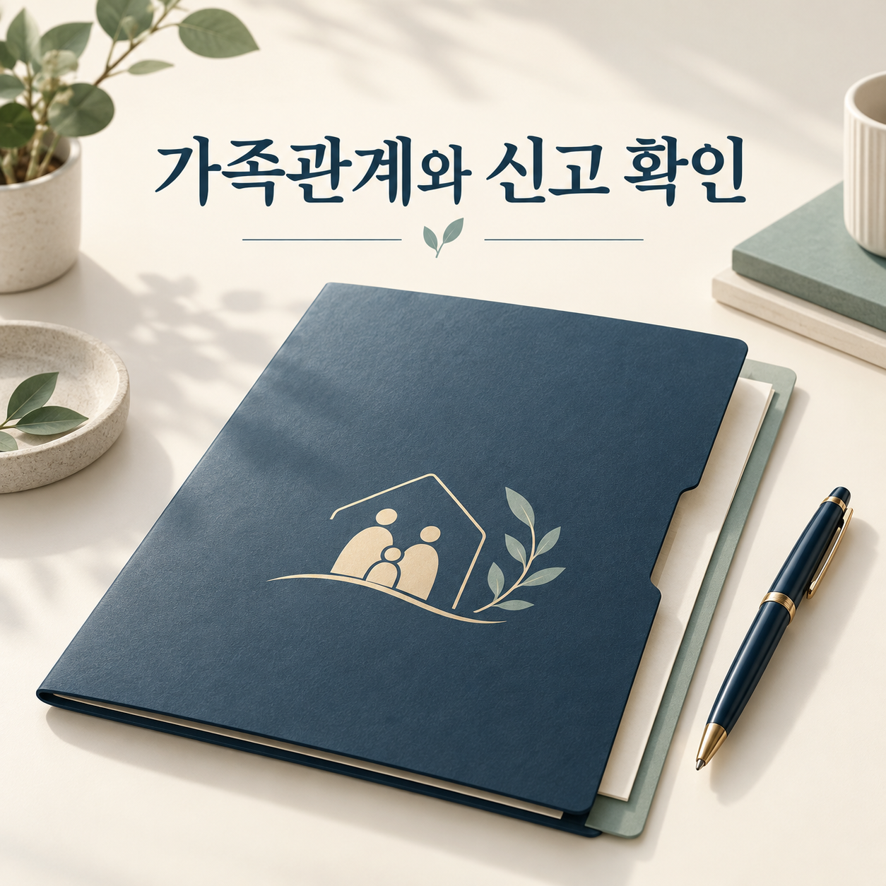 가족관계 서류와 펜으로 신고 준비를 하는 이미지