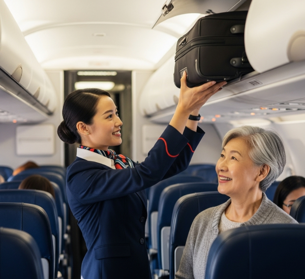 flight attendant helping passenger