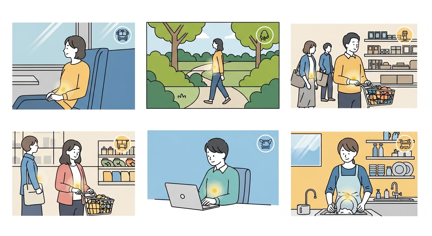 일상생활 속에서 복식호흡을 실천할 수 있는 다양한 상황들을 보여주는 일러스트.