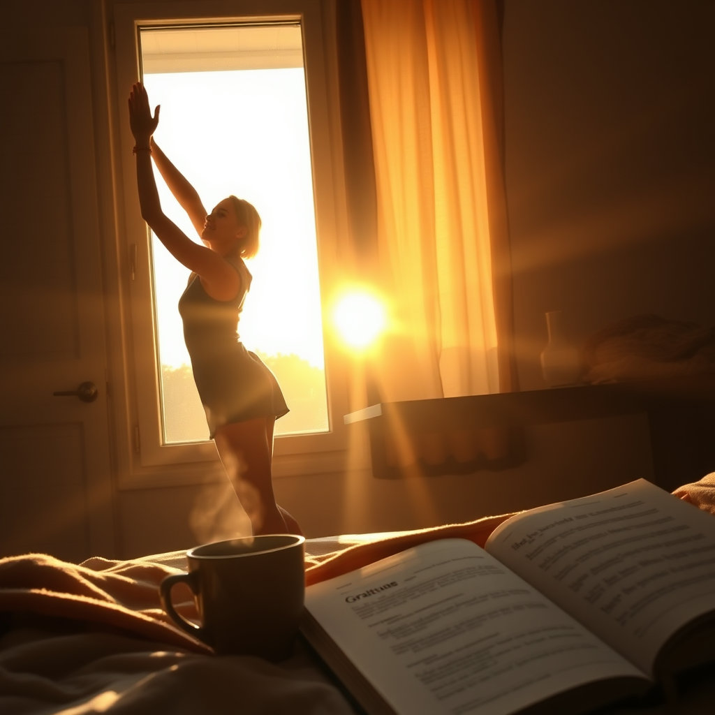 조용한 새벽, 스트레칭하는 사람, 감사일기, 커피와 책, 태양이 떠오르는 창가