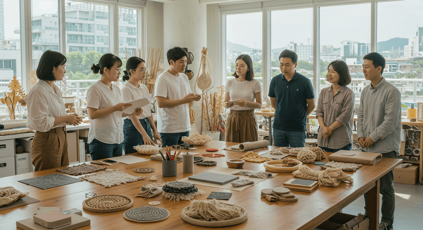 한국과 해외 작가들이 친환경 소재를 활용한 공예 작품을 교류하는 장면 1