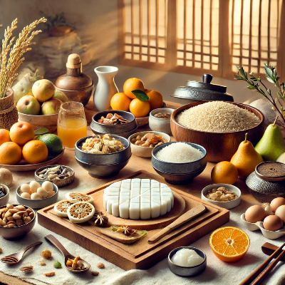 설날 장식과 함께 아름답게 꾸며진 전통 한국 차례상. 떡, 과일, 꽃 장식이 포함된 따뜻한 명절 분위기.