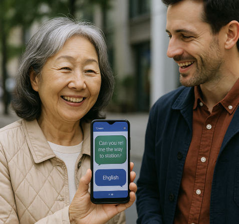 외국인에게 번역기 사용하는 어르신