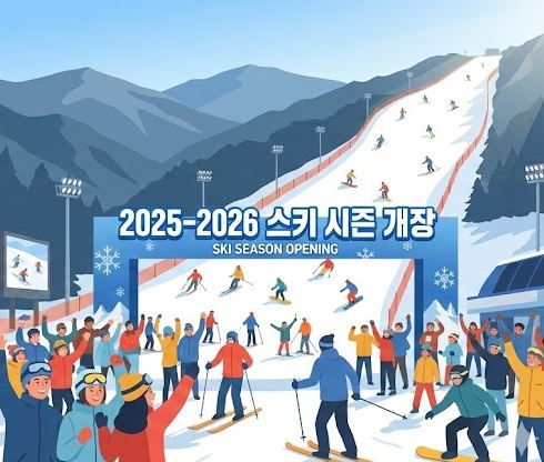 2025년 11월 21일 스키 시즌 개장을 알리는 현수막과 함께 설원을 질주하는 스키어와 스노보더들의 활기찬 모습