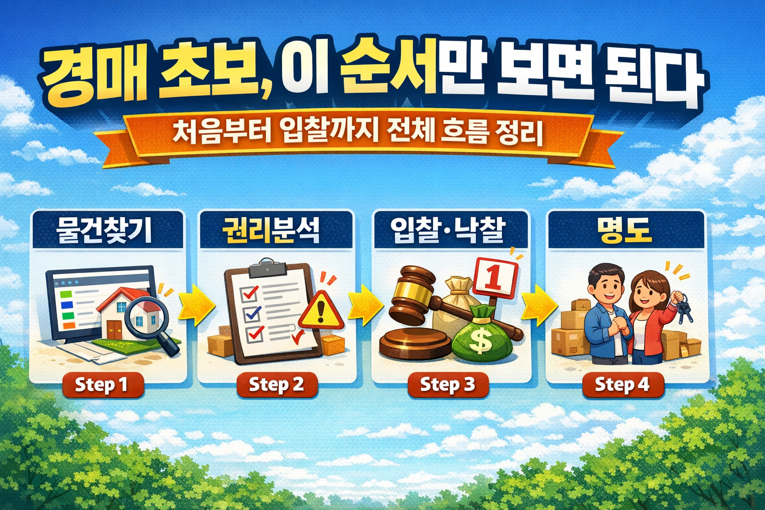 &ldquo;경매 초보를 위한 전체 흐름 5단계 정리 (물건찾기, 권리분석, 입찰, 낙찰, 명도)&rdquo;