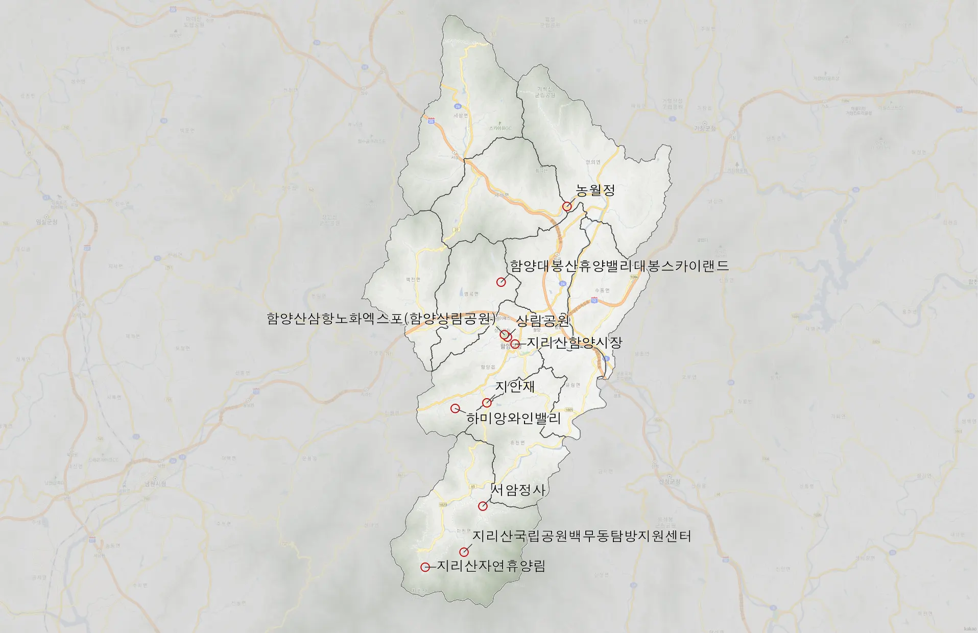 함양 가볼만한 10곳 위치도