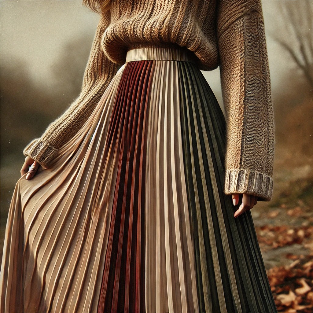 길고 플리츠 또는 패턴이 있는 맥시 스커트와 아늑한 니트 탑을 조합한 이미지는 따뜻하고 여성스러운 가을 룩에 완벽합니다. 이 배경은 부드럽고 흙빛 톤과 야외 가을 분위기로 계절의 본질을 포착합니다